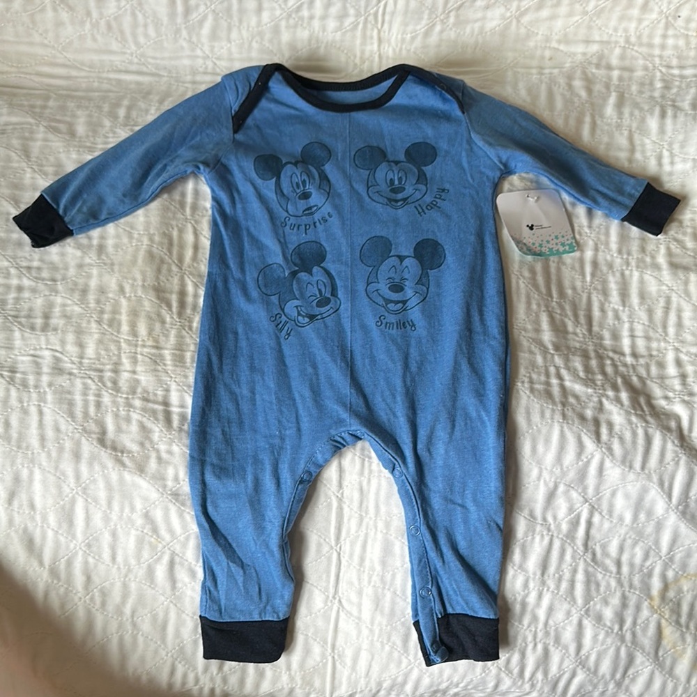 Disney baby 6/9Months Blue and Black Mickey Mouse One Piece snaps buttons